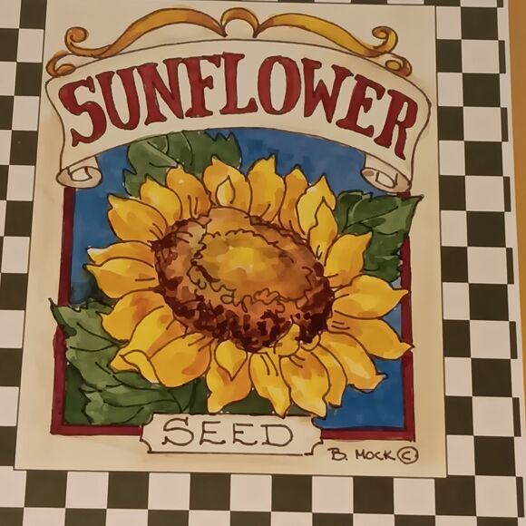 VTG Barbara Mock Sunflowers Print Matted Framed Blue Yellow Black & White Checks - Picture 5 of 15